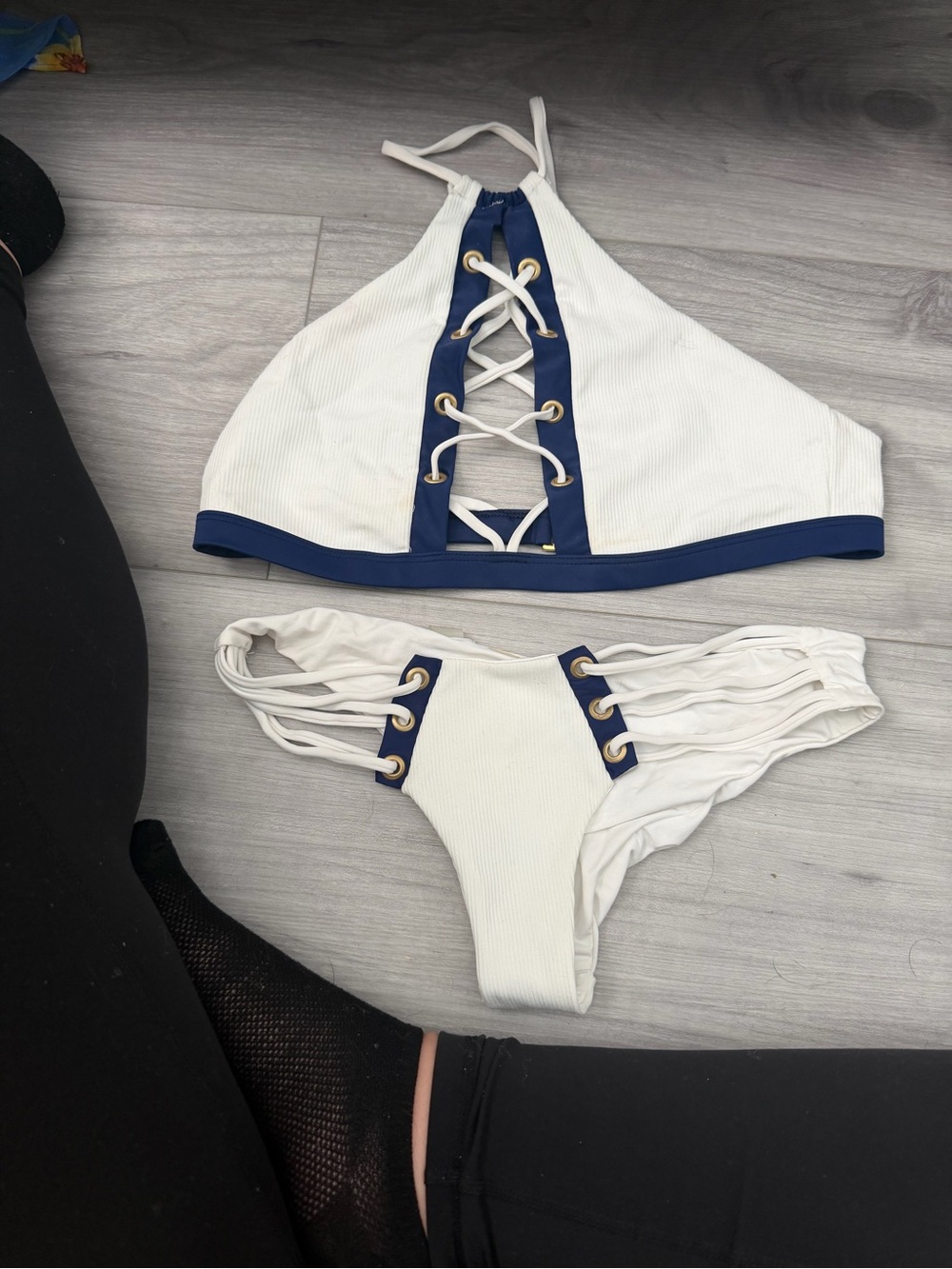 Beach Bunny White and Navy Ribbed Lace-Up Bikini